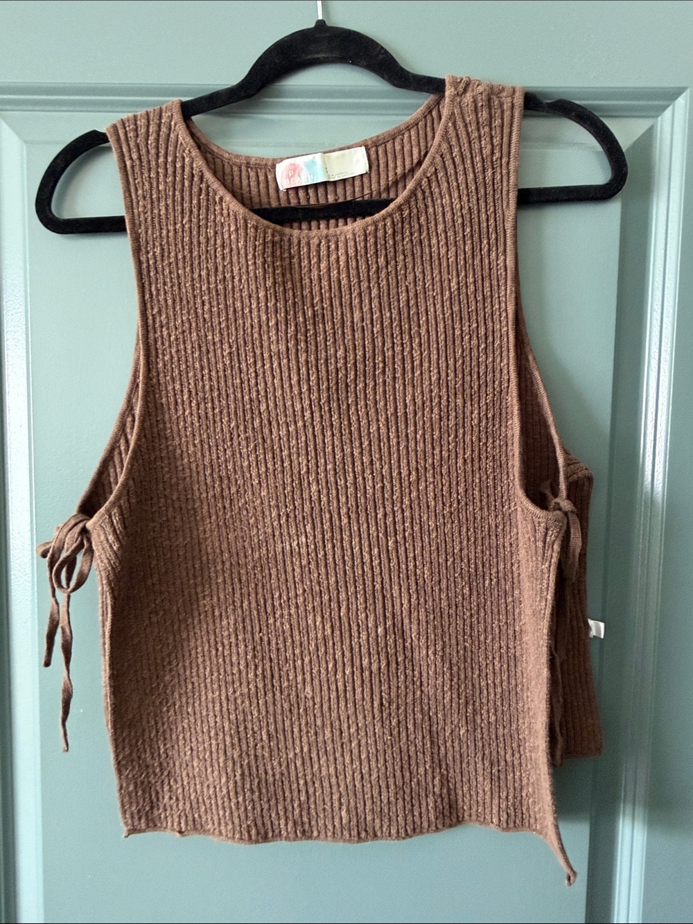Ribbed Knit Side-Tie Tank Top - Brown
